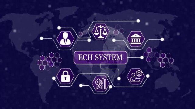 Ech System Network With Global Connections And Icons concept . Abstract technology symbols on a map background.