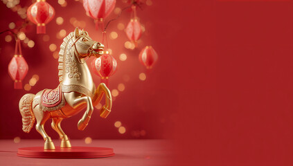 Obraz premium Festive Chinese New Year Golden Horse with Promotional Copy Space