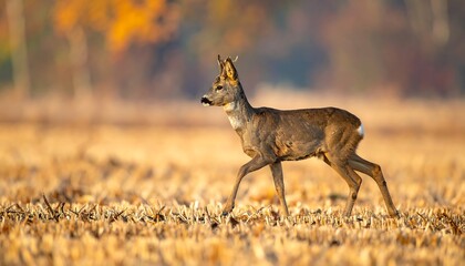 A deer runs through a dry field