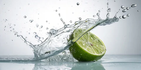 Tableau sur plexiglas  Vibrant green lime half splashing into clear fresh water  © AI   NEX GEN