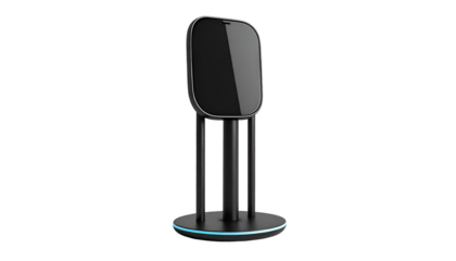 Sleek, black, upright device on a circular base with a three-legged support structure