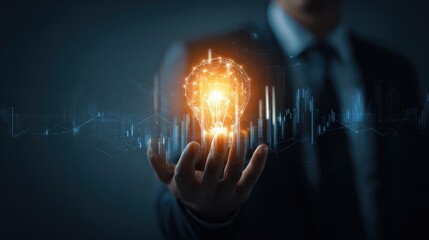 A person in a suit holds a glowing lightbulb above their hand, symbolizing innovation and creativity against a digital background.