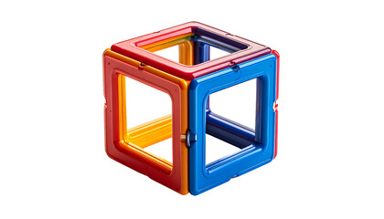 Colorful 3D cube made of interconnected plastic shapes, featuring open faces