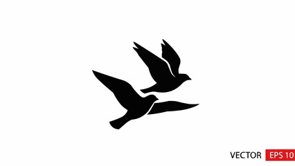 Two black silhouette birds flying together in the sky.