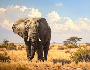 Obraz premium Majestic African Elephant Roaming the Savanna Under a Cloudy Sky.