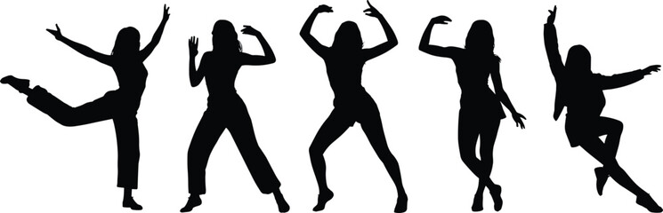 Dancing woman silhouette collection, female dancer action poses, energetic movement expressions, modern dance concept, performance art, black white vector illustration
