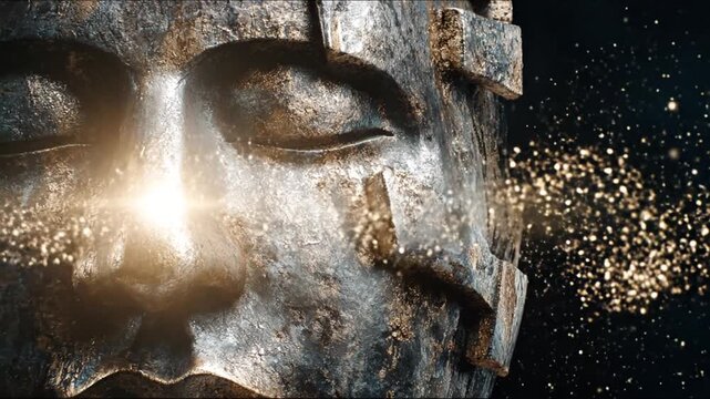 A weathered stone sculpture of a serene face with radiant golden light emitting from the eye