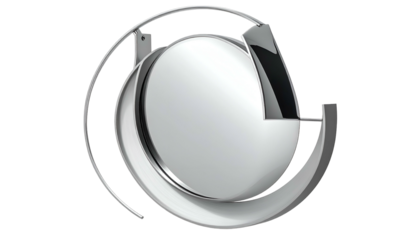 Metallic globe shape with curved accents and a reflective surface, isolated on black