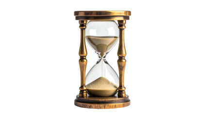 A detailed, isolated hourglass filled with sand, showing time passing