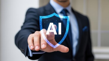 A professional businessman interacts with a glowing artificial intelligence AI security shield icon in a modern office setting und