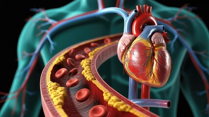 Detailed 3D visualization of the human heart and an artery section showing blood cells and plaque formation