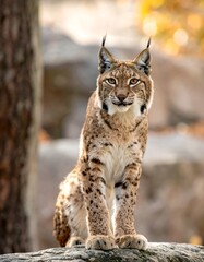 Obraz premium A large feline with distinctive tufted ears and spotted fur stands on a rocky outcropping