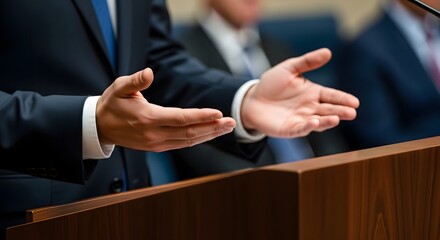 A close-up of a person in a suit gesturing with open hands while speaking at a wooden podium during a conference or press event