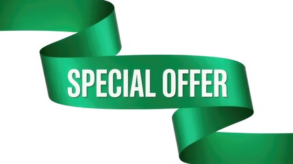 Bright green flowing ribbon banner displaying the words Special Offer prominently isolated on a pristine white background for mark