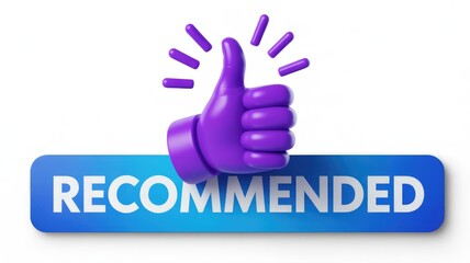 Brightly lit purple 3D hand giving a thumbs up over a blue Recommended button on a clear white studio background showing approval