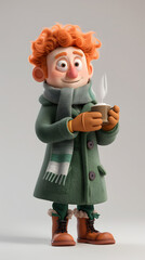 3d Cartoon Character A man wearing winter clothes and holding a cup of coffee