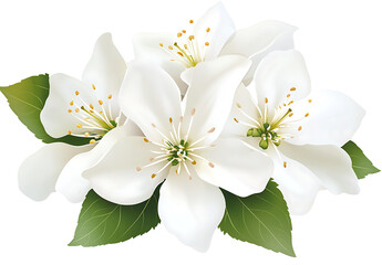 Fototapeta premium Close up of white apple blossoms and green leaves, showcasing delicate petals and vibrant foliage, evoking sense of spring beauty and freshness