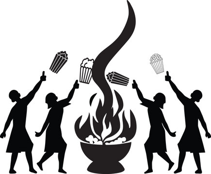 Lohri festival silhouette of people throwing popcorn into bonfire