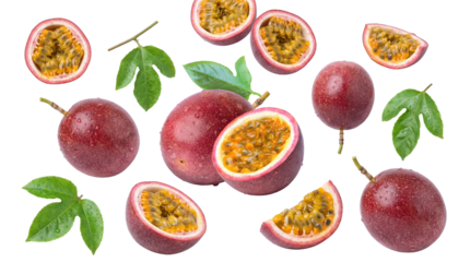 vibrant passion fruits and green leaves isolated on transparent background, perfect for tropical themes and healthy eating content.