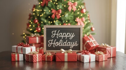 Happy Holidays sign with elegantly wrapped gift boxes on a dark table and a brightly lit Christmas tree for a warm festive mood