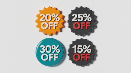 Four colorful three dimensional discount badges with varying percentages off for sale and promotion on a clean white background