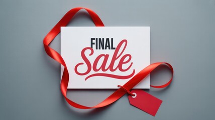 A crisp white card prominently displaying black and red FINAL Sale text is elegantly tied with a vibrant red satin ribbon and a pl