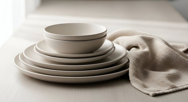 A clean and modern ceramic dinnerware set, featuring stacked plates and bowls in neutral tones, elegantly arranged with a soft linen napkin on a light surface, creating a minimalist table setting read