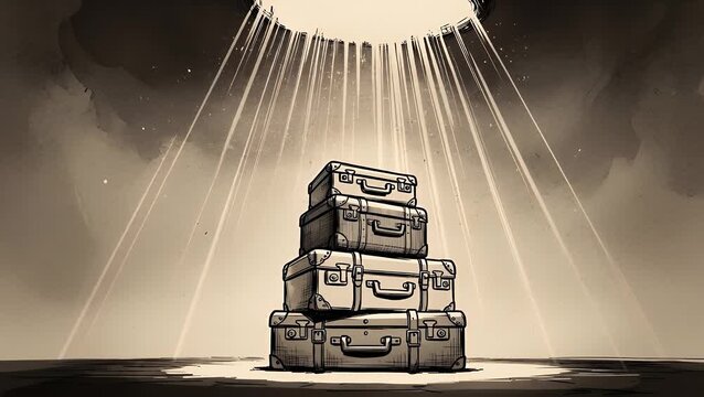 Stack of vintage travel suitcases illuminated by dramatic light rays sketch