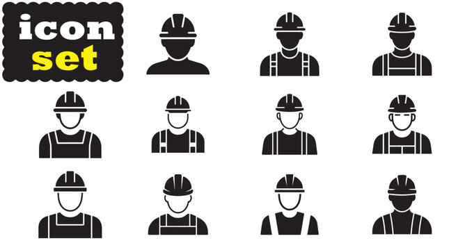 Construction Worker Icon Set, Editable Solid Vector Illustration