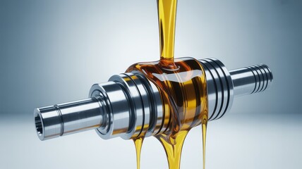 Golden industrial oil expertly pouring onto a shiny metallic shaft for smooth lubrication in a precision studio setting with brigh