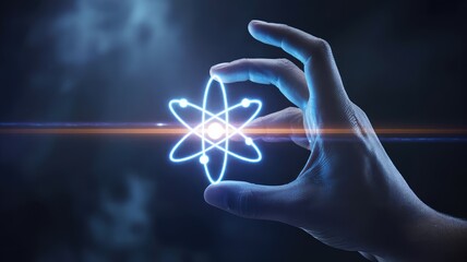 Human hand holding a glowing blue atom symbol against a dark futuristic background with digital light effects representing science