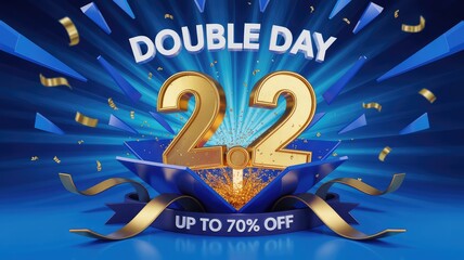 Vibrant Double Day 2 2 special offer with golden numbers exploding from a blue gift box on an energetic radial background