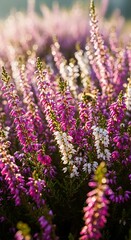 Close-up of blooming heather flowers in a natural setting.