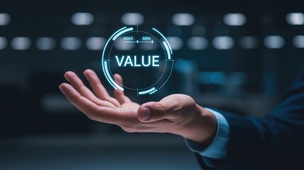 Professional hand presenting a glowing blue holographic user interface with VALUE max and min indicators in a dark futuristic tech