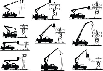 Bucket truck silhouettes set with utility workers repairing high voltage power lines and electrical towers isolated on white background vector