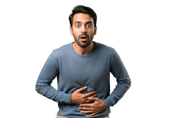 surprised man clutching stomach in blue sweater on white background