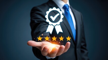 Businessman in suit presents quality badge and five glowing golden stars symbolizing excellent service and customer satisfaction