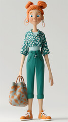 3d Cartoon Character A girl holding a big bag