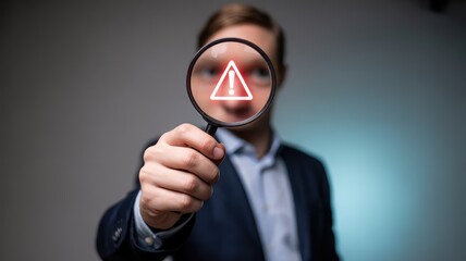 A man in professional attire holds a magnifying glass showing a glowing red warning symbol suggesting risk and careful investigati