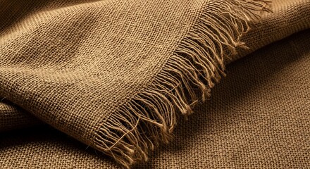 Close-up of Brown Linen Fabric with Fringed Edge.