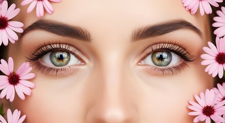 Close-up of captivating green eyes surrounded by delicate pink daisies.