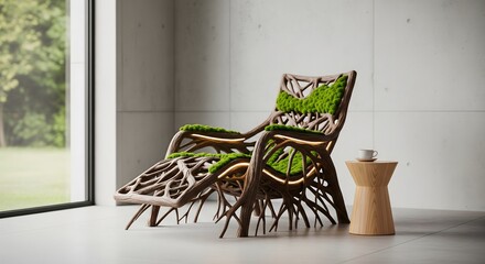 Modern rattan chair and ottoman with green cushions in minimalist interior with large window
