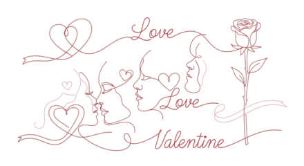 Romantic line art of couple faces with hearts and rose, isolated on transparent background with soft, elegant, hand-drawn design for Valentine's Day, featuring loving expressions and delicate floral e