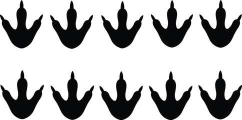 Collection of black vector dinosaur footprints featuring three toed reptile tracks with sharp claws isolated on white background for ancient wildlife graphic design © Austomi's World