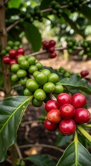 Close-up of Coffee Cherries Ripening on a Coffee Plant.