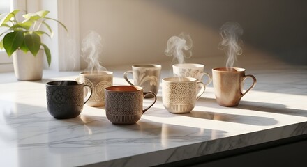 Fototapeta premium Steaming coffee mugs arranged on a marble countertop near a window with morning sunlight casting shadows and a potted plant visible in the background Feedio style