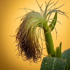 Close-up of Corn Silk with Dew Drops on a Yellow Background.