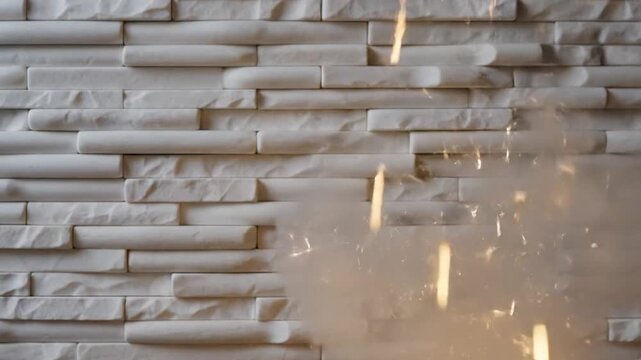 A textured white brick wall with falling shimmering light