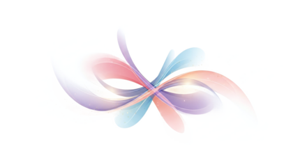 Vibrant multicolored abstract swirls intersecting, forming dynamic shapes on white background with soft natural lighting and pastel color palette