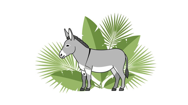 Gray Donkey Standing Tropical Leaves Illustration.